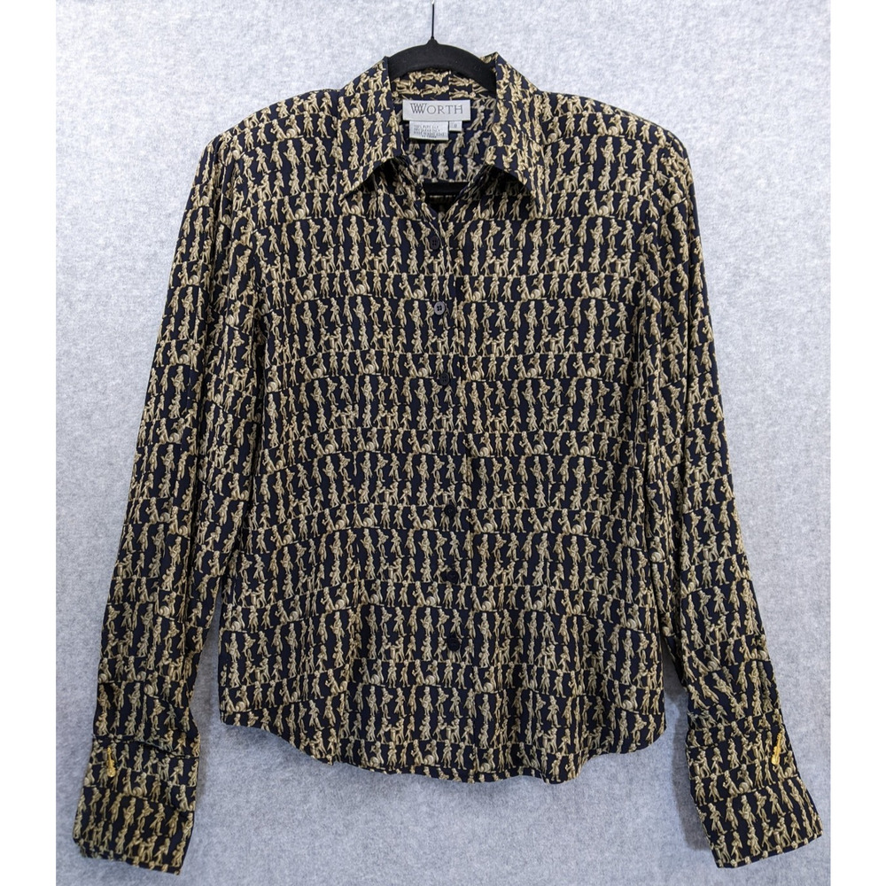 Vtg Worth Blouse Size 8 Silk Navy Gold Musicians Print Violin Cuff Link Sleeves